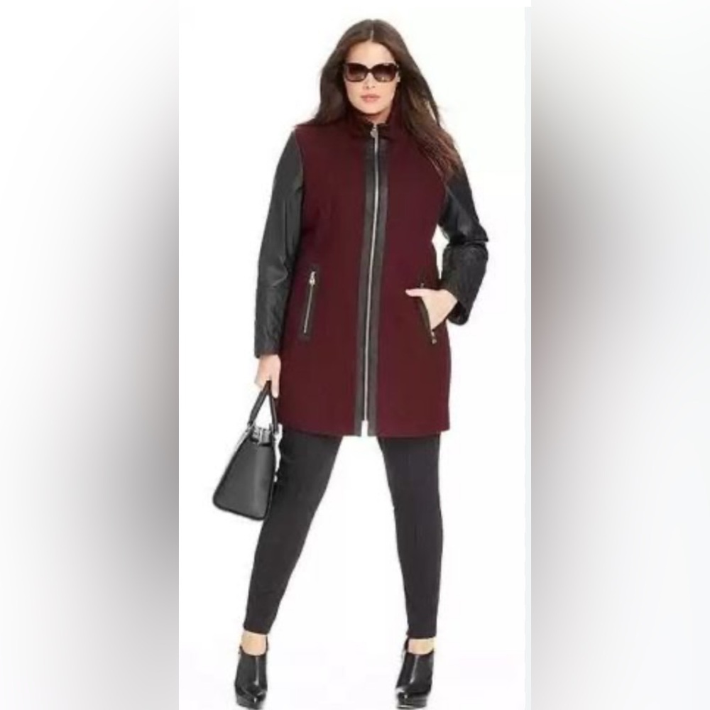 Michael Kors Burgundy Pea Coat, Faux Leather Sleeves, Wool Blend, Size 4